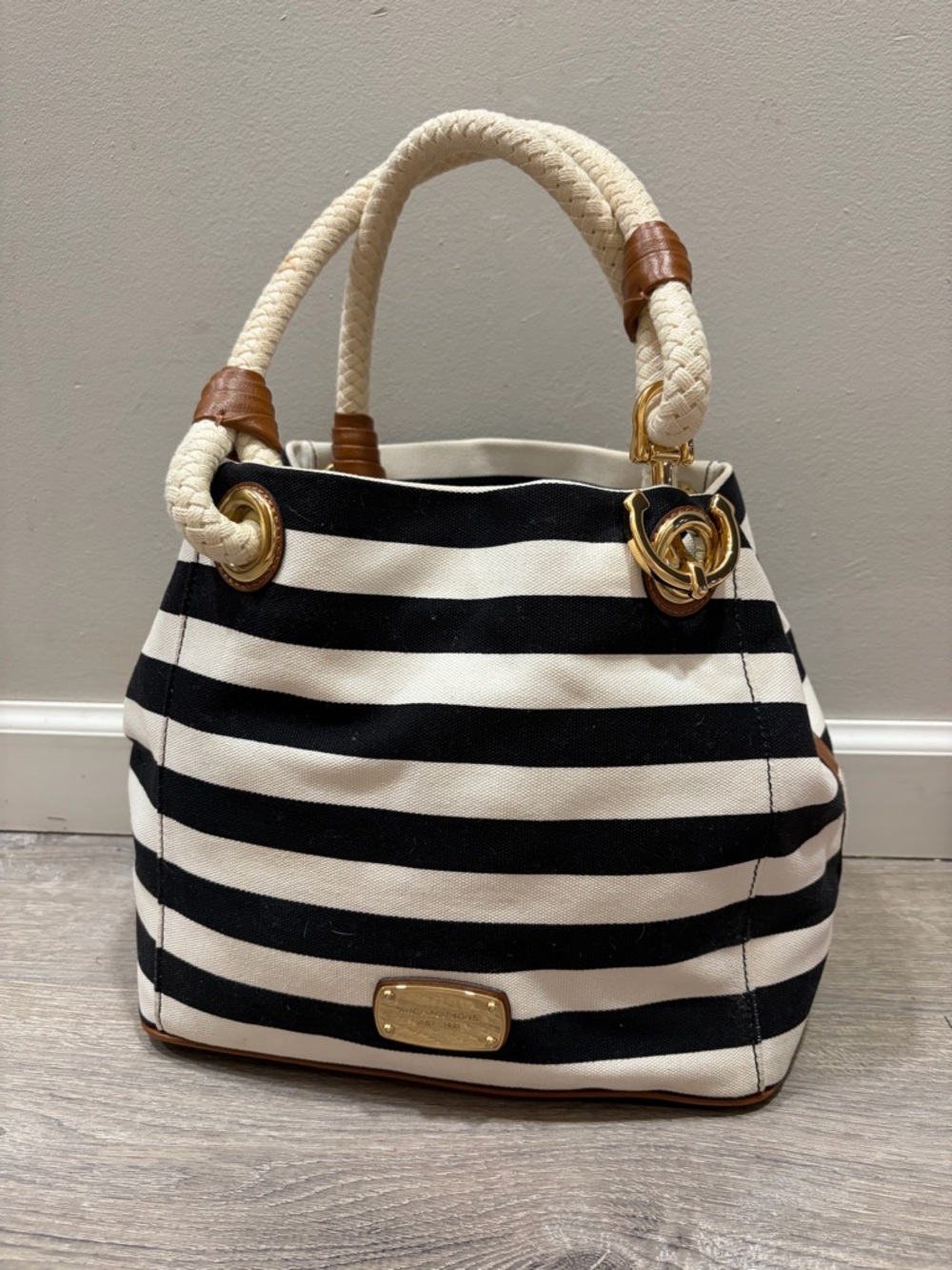 Michael Kors Striped Canvas Rope-Handle Tote Bag - Black & White